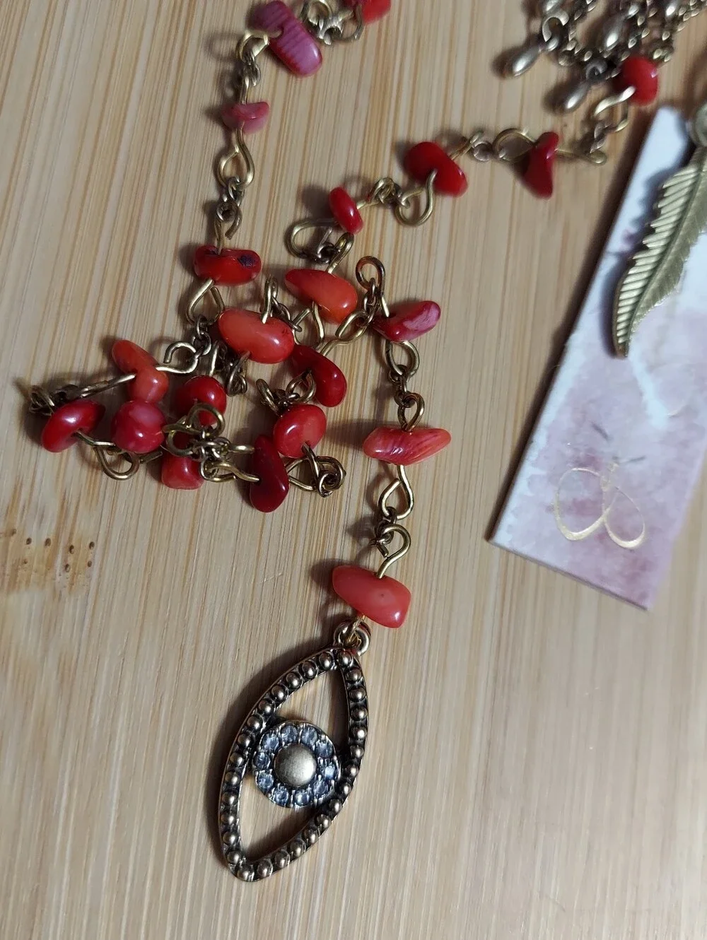 Jessica Simpson Antique Gold Tone/Multi-Strand Coral Stone Evil Eye Necklace